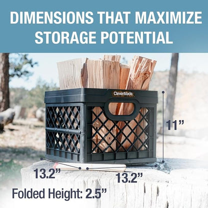 CleverMade Collapsible Milk Crate, 25L Storage Crate, Holds 50 lb, Obsidian (Pack of 6)