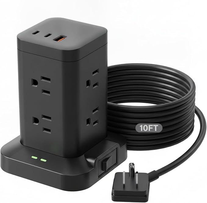 Power Strip Tower with Surge Protector 1800J, Fast Charging Tower PD20W USB-C Ports with 8 AC Outlets, Extension Cord for Home Office Dorm Room, Black, 10FT