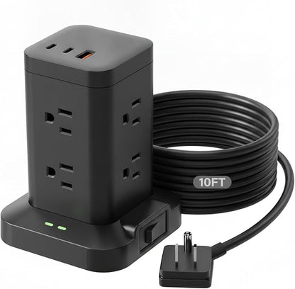 Power Strip Tower with Surge Protector 1800J, Fast Charging Tower PD20W USB-C Ports with 8 AC Outlets, Extension Cord for Home Office Dorm Room, Black, 10FT