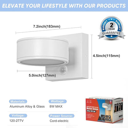 Motion Sensor Outdoor Lights with 3000K/4000K/5000K Adjustable, Aluminum White LED Outdoor Wall Sconce, Modern Outside Exterior Lighting Fixtures for Porch,House, Doorway, Garage,Front