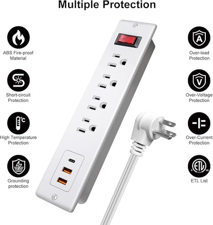 20W PD USB C Recessed Power Strip Desktop Power Socket 4 Outlets 3 USB (PD20W&QC18W) Mountable Flat Plug Charging Station for Countertop Cabinet Desk ETL Listed