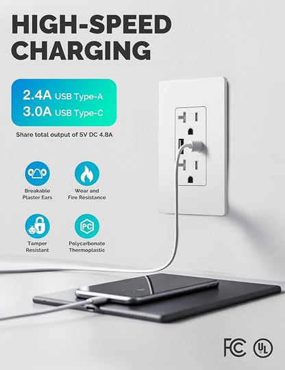 MOES USB Wall Outlet 20 Amp, USB-C and USB-A 24W Charging, White, 6 Pack