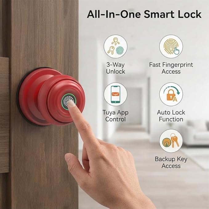 Smart Fingerprint Door Lock Knob, Tuya App Keyless Entry, Red