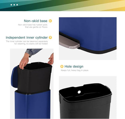 FDW | 13 Gallon Trash Can with Lid | Deep Blue | Fingerprint-Proof | Made of Brushed Stainless Steel | Soft-Close Step Pedal | Hands-Free Use | Easy to Clean | for Kitchen, Office, Bathroom