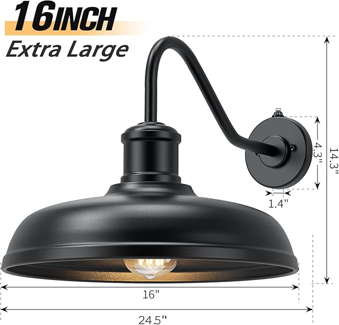 16 Inch Dome Dusk to Dawn Gooseneck Barn Light Outdoor, Large Farmhouse Exterior Light Fixture Wall Mount, Industrial Outdoor Wall Sconce Outside Lantern for House, Porch, Garage, Entryway, Black