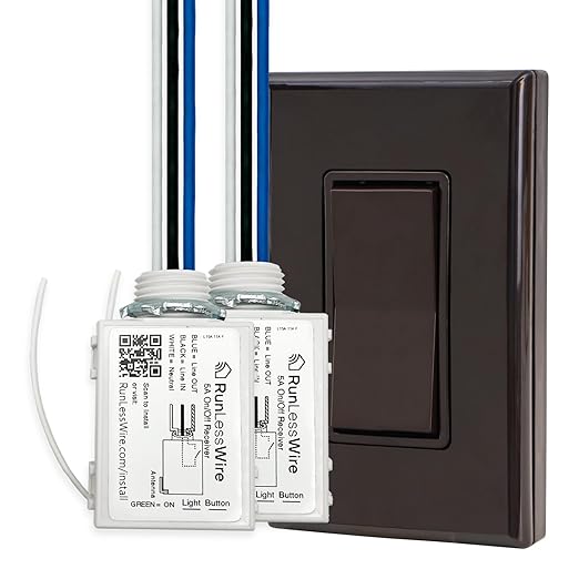 RunLessWire 2 Fixture Battery-Free DIY Kinetic Wireless Light Switch Kit 150ft RF Range for Different Fixtures or Outlets: 1 Remote Switch Controls 2 5A On/Off Receivers Simultaneously Brown