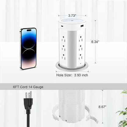 HEZI 4-inch Pop Up Countertop Outlet with 15W Wireless Charger,Max 45W Power Delivery,2 USB-A & 2 USB-C & 12AC Outlets Tamper Resistant 15A, Island Pop Out for Home Office Kitchen