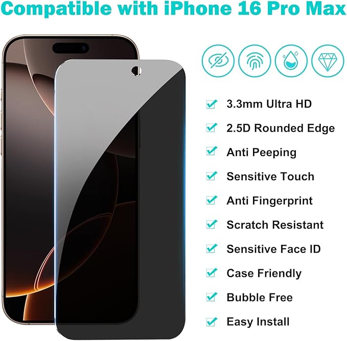 PEHAEL 3+3 Pack for iPhone 16 Pro Max Privacy Screen Protector with Camera Lens Protector Full Coverage Anti-Spy Tempered Glass Film 9H Hardness Easy Installation Bubble Free [6.9 inch]