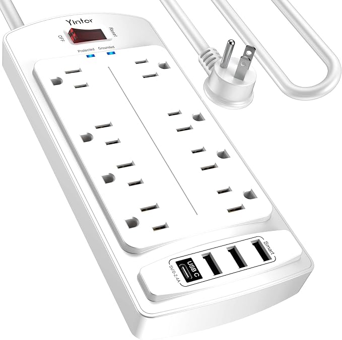 Yintar 10Ft Surge Protector Power Strip with 8 Outlets and 4 USB Ports | 10 Feet Flat Plug Extension Cord with Multiple Outlets for Home, Office, Dorm Essentials, 2700 Joules, ETL, White