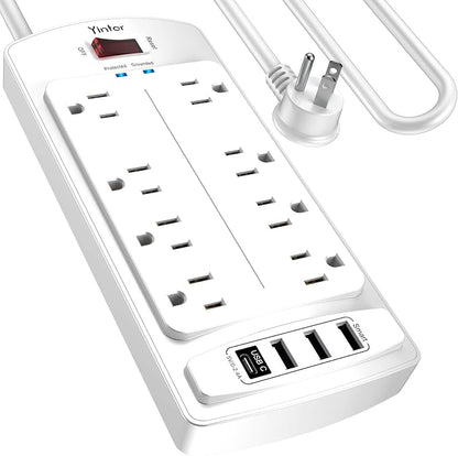Yintar 10Ft Surge Protector Power Strip with 8 Outlets and 4 USB Ports | 10 Feet Flat Plug Extension Cord with Multiple Outlets for Home, Office, Dorm Essentials, 2700 Joules, ETL, White