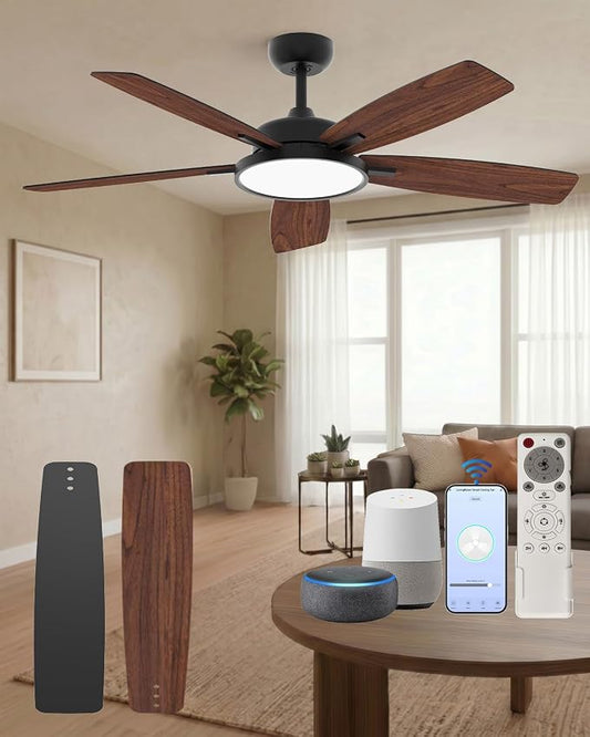 Roomratv 52 Inch Smart Ceiling Fan Compatible with App/Alexa/Google home | Black,Beep-Off Function,Ultra Quiet,Bright and Dimmable Led Light,Energy saving,Reversible,Remote Control,Rustic Farmhouse