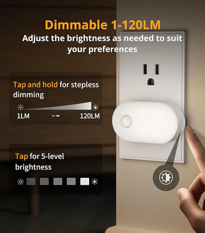 Lyridz 120LM Ultra Bright Plug-in Motion Sensor Night Light, Stepless Dimmable LED Nightlight, Always-On and Auto-Off, for Hallway, Stairs, Bathroom, Bedroom, Garage, Cool White (4-Pack)