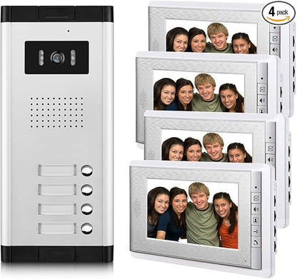 Apartment Video Intercom System, 4 Household Video Doorbell Kits, Wired 7 Inches Monitor, IR Outdoor Camera Support Monitoring, ID Unlock, 2 Way Intercom, 1- Camera and 4-Screen