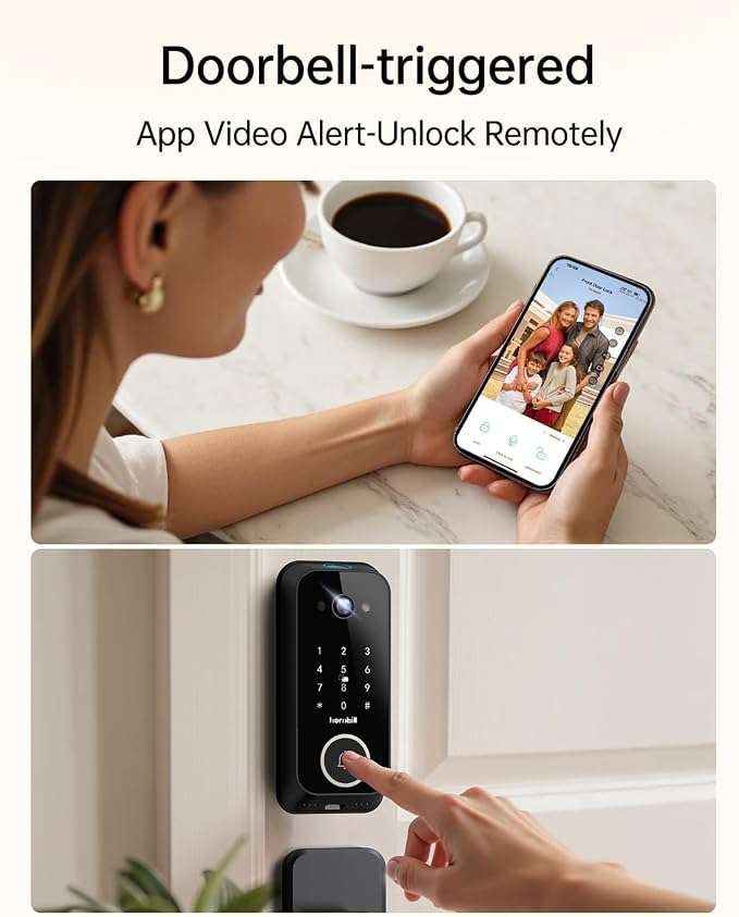 Smart Front Door Lock Sets: 2K HD Camera Lock with Doorbell Kits, Hornbill Fingerprint Keyless Entry Door Lock with Handles, WiFi Deadbolt(only 2.4G) for Remote Control, Free APP/Alexa/PIR, Black