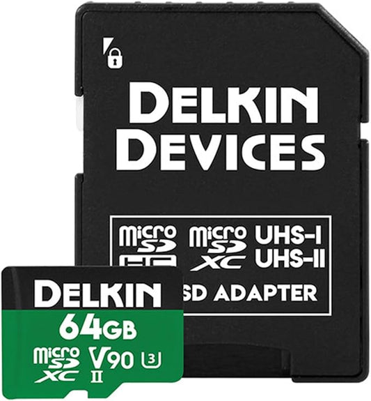 Delkin Devices 64GB Power MicroSD UHS-II (V90) - 300MB/s Read, 250MB/s Write, for 8K, 4K, 3D, HDR, and 360 Video Recording | High-Performance for Cameras