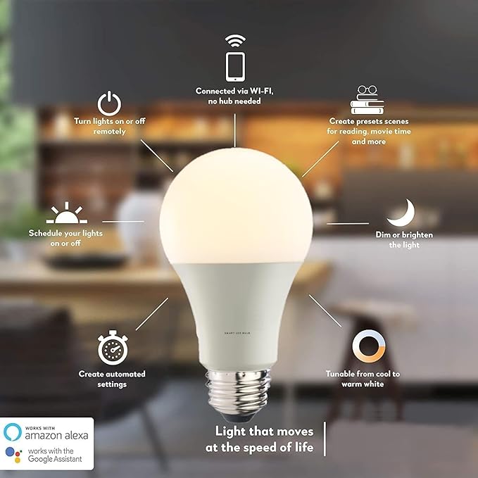 Diodesy- A19 LED Smart WiFi Light Bulbs Works with Alexa and Google Home No Hub Required Tunable White Color 2200K-6500K 8W (60W Equivalent) 800 Lumens E26 Medium Base Non-Dimmable UL Listed Pack of 4