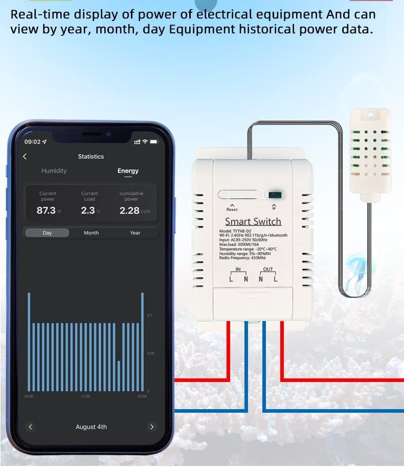 Tuya Smart WiFi 16A Temperature Humidity Switch Sensor Module with Energy Consumption Monitoring, APP Bluetooth Wireless Remote Control,Works with Alexa Google Home (Temperature Humidity)