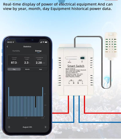 Tuya Smart WiFi 16A Temperature Humidity Switch Sensor Module with Energy Consumption Monitoring, APP Bluetooth Wireless Remote Control,Works with Alexa Google Home (Temperature Humidity)