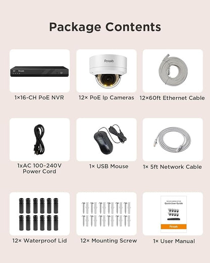 16 Channel Security Camera System, 12x 8MP IK10 Vandal Proof Dome Camera Outdoor, Human Vehicle Detection, Color Night Vision, 2 Way Audio 24-7 Recording, 4K 16CH NVR 4TB HDD, PD54Y1216-8M