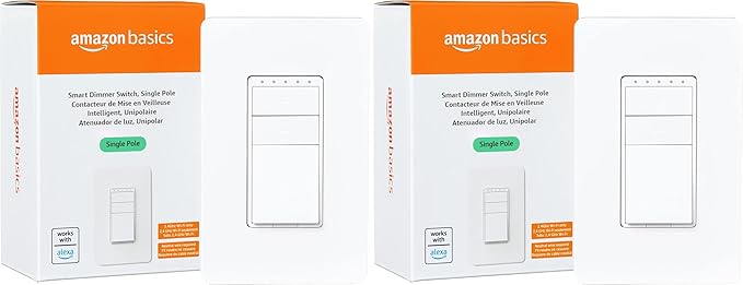Amazon Basics Smart Dimmer Switch, Single Pole, Works with Alexa Only, Voice Control, 2.4 GHz Wi-Fi, No Hub Required, Neutral Wire Required, White (Pack of 2)