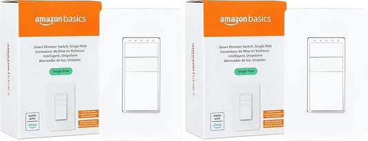 Amazon Basics Smart Dimmer Switch, Single Pole, Works with Alexa Only, Voice Control, 2.4 GHz Wi-Fi, No Hub Required, Neutral Wire Required, White (Pack of 2)