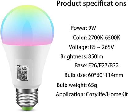 Smart Light Bulbs: WiFi LED Bulb, Works with Apple Homekit, Alexa, Google Home and Siri, E26 LED Smart Bulb, 2700K-6500K Dimmable and Timer Function, 800 Lumens 9W (1-Pack)