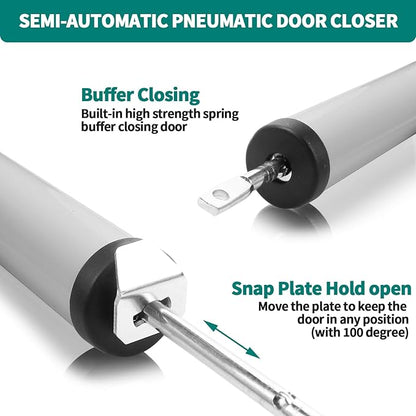 Screen and Storm Door Closer Kit, Heavy Duty Pneumatic Screen and Storm Door Closer, Screen and Storm Door Push Button Latch Set Replacement Kit, Adjust Smooth Closing Speed (Silver)