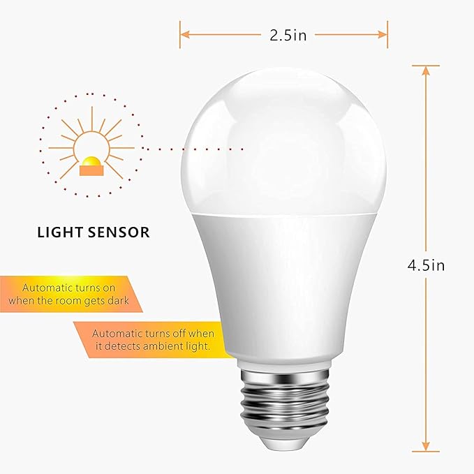 Torkase Outdoor Dusk to Dawn Light Bulbs- No Timer Required, 12W(100W Equivalent), 3000K Warm White, E26 A19 Automatic Sensor LED Bulbs, Built-in Photocell Detector for Boundary, Garage, Patio