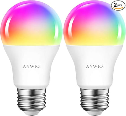 ANWIO Smart Light Bulbs 8.5W (60W Replacement) A19 E26 LED Bulb Work with Alexa, Google Assistant, Smart Life App, Tuya App, Color Changing Light Bulb,806LM,2.4Ghz only，No Hub Required（2-Pack）