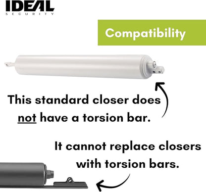 Ideal Security Model 9 Standard Duty Pneumatic Storm and Screen Door Closer, 10.5" L x 1.25" W x 1.25" H, Adjustable Speed, Smooth Closing for Lightweight to Medium Doors, Easy Install, White