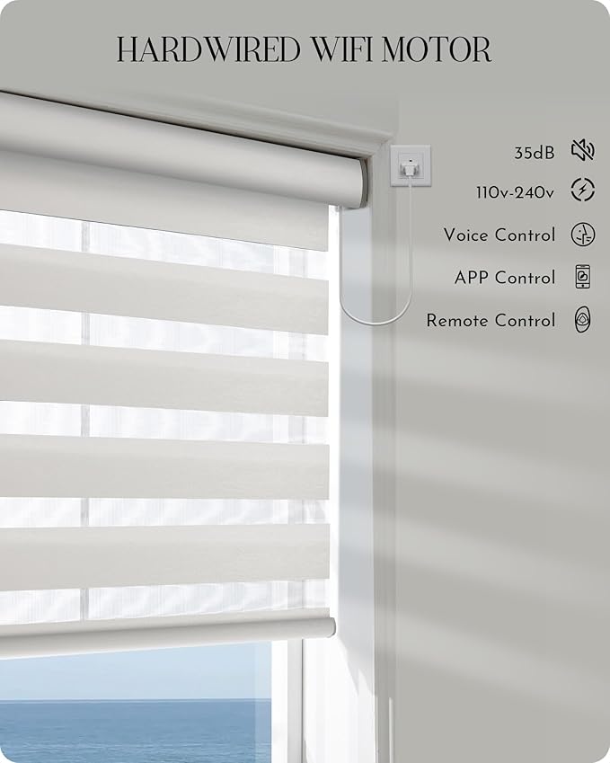 Graywind Motorized Zebra Blinds for Windows, Darkening Hardwired Smart Blinds with Remote Control, Dual Layer Custom Zebra Shades Work with Alexa, Google Home, Apple Homekit, Wool-Like Light Grey