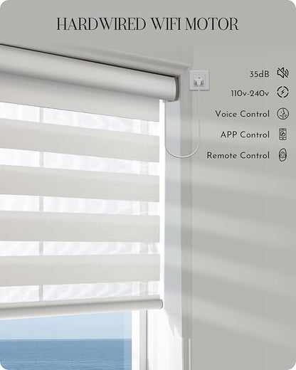 Graywind Motorized Zebra Blinds for Windows, Darkening Hardwired Smart Blinds with Remote Control, Dual Layer Custom Zebra Shades Work with Alexa, Google Home, Apple Homekit, Wool-Like Light Grey