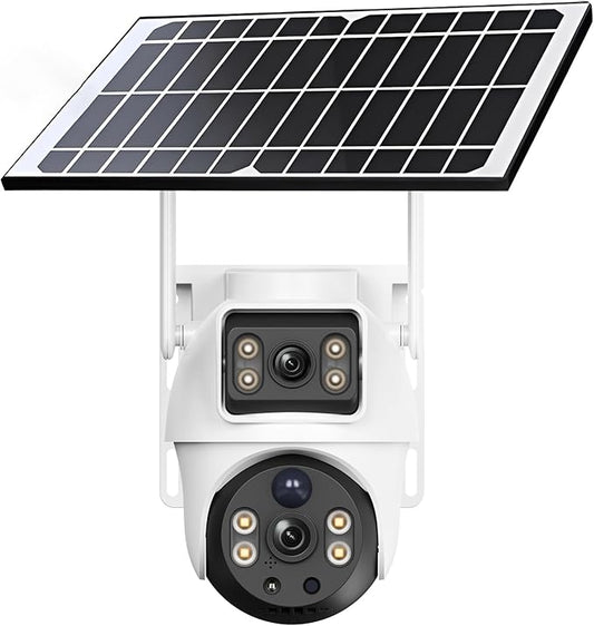 XIAOVV WiFi Security Camera, 4K Solar Dual-Eye Outdoor Wireless 360° PTZ WiFi Camera with Dual-Lens, Cloud Storage, SD Card Support up to 128GB, White, Wall Mount