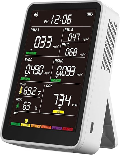 Professional Indoor Air Quality Monitor with AQI Alerts, Portable Real-Time Detector for Home, Car, Plants & Pets (Oyster White)