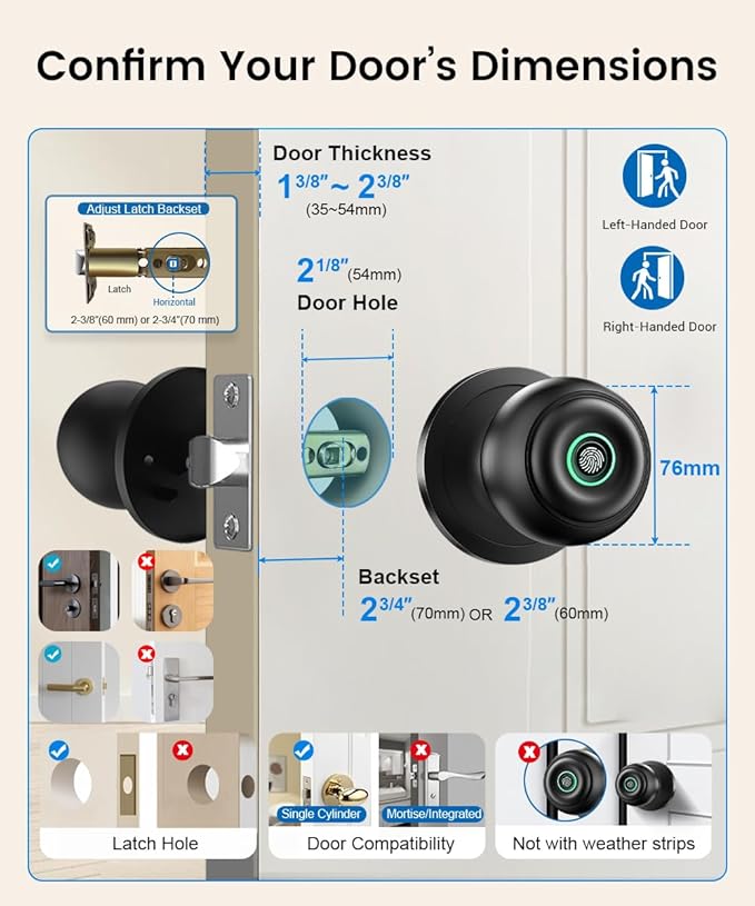 Fingerprint Door Lock, Smart Fingerprint Door Knob with Lock, Biometric Door Lock with App Control & Key, Keyless Thumbprint Entry Door Locks for Bedrooms, Front Door, Home, Apartment-Carbon Black