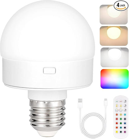 Rechargeable Battery Operated Light Bulb with Remote Control 4 Packs, 350LM Dimmable Detachable LED Bulb with 15 Colors Selectable & 3 Timer, Wireless Puck Light Bulb for Wall Sconce, Non-Hardwired