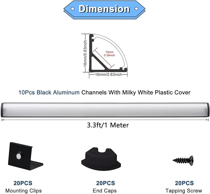 VST 10pack 3.3ft LED Channel, V Shape Diffuser, Aluminum Channel System with Milky Cover, End Caps and Mounting Clips, Aluminum Profile for LED Strip Light Very Easy Installation