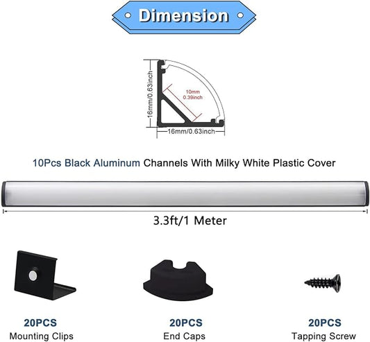 VST 10pack 3.3ft LED Channel, V Shape Diffuser, Aluminum Channel System with Milky Cover, End Caps and Mounting Clips, Aluminum Profile for LED Strip Light Very Easy Installation