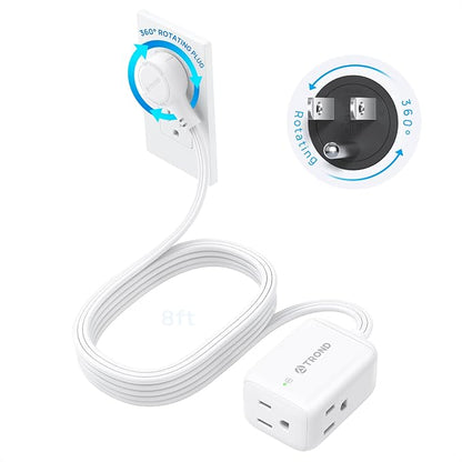 TROND Rotating Flat Plug Extension Cord Surge Protector 8ft, 3 AC, White