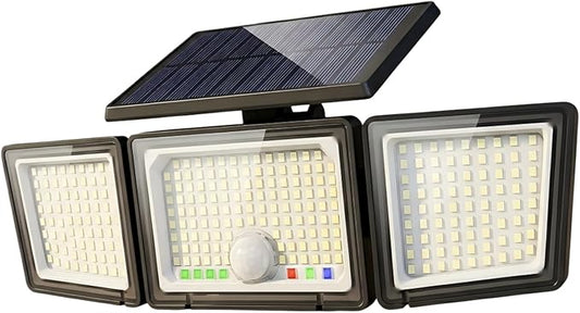 Solar Outdoor Lights Motion Sensor, 2500LM 286 LED Security Flood Lights with Visual Battery & Mode Display, 3 Lighting Modes, IP65 Waterproof 3-Head Wide Angle for Garage, Yard, Patio (1 Pack)