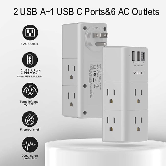 Multi Plug Outlet Surge Protector - YISHU Outlet Extender with Rotating Plug, 6 AC Outlets and 3 USB Ports, 3-Sided Swivel Power Strip Ideal Stocking Stuffers, Gray