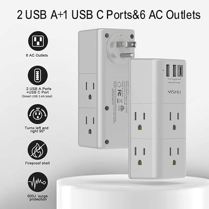 Multi Plug Outlet Surge Protector - YISHU Outlet Extender with Rotating Plug, 6 AC Outlets and 3 USB Ports, 3-Sided Swivel Power Strip Ideal Stocking Stuffers, Gray