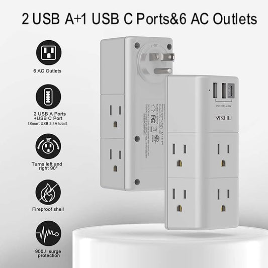 Multi Plug Outlet Surge Protector - YISHU Outlet Extender with Rotating Plug, 6 AC Outlets and 3 USB Ports, 3-Sided Swivel Power Strip Ideal Stocking Stuffers, Gray