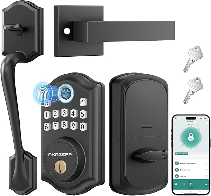 AkaGear DS10 Pro Keyless Entry Door Lock with Handle Set, Smart Front Door Locks Set, Electronic Keypad, Fingerprint Deadbolt, Bluetooth APP Control, Auto-Lock & One Touch Locking, Matte Black