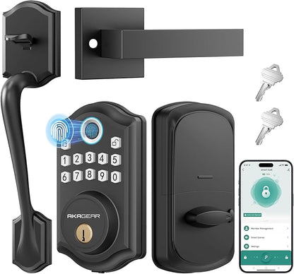 AkaGear DS10 Pro Keyless Entry Door Lock with Handle Set, Smart Front Door Locks Set, Electronic Keypad, Fingerprint Deadbolt, Bluetooth APP Control, Auto-Lock & One Touch Locking, Matte Black