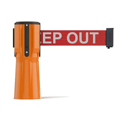 Trafford Industrial 11 Ft Cone-Mounted Retractable Belt Barrier Orange Case | Red with White "DANGER - KEEP OUT" Letters, 2 in Herringbone Webbing, Built-in Braking Technology and 4-way Receiver