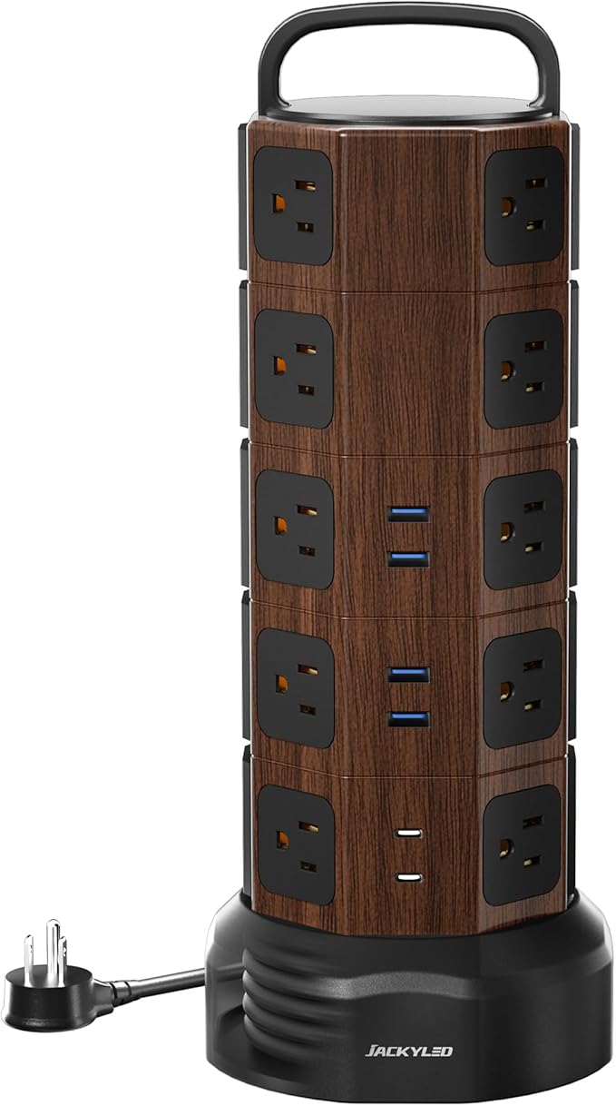 Power Strip Tower Surge Protector 1050J, 20 AC Outlets 6 USB Ports, 13A Desktop Electrical Charging Station, 6.5ft Heavy Duty Extension Cord, for Home, Office, Garage, Black Walnut