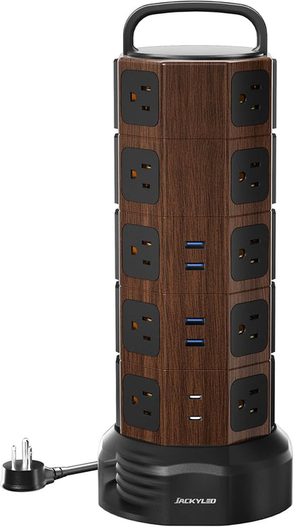 Power Strip Tower Surge Protector 1050J, 20 AC Outlets 6 USB Ports, 13A Desktop Electrical Charging Station, 6.5ft Heavy Duty Extension Cord, for Home, Office, Garage, Black Walnut