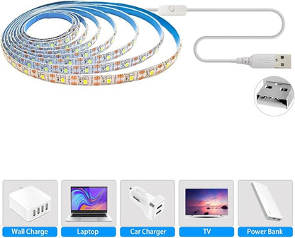 5V USB LED Strip Lights, White 6000K 9.84ft SMD 2835 IP65 Waterproof 180 LEDs Plug and Play Rope Light Strips with Switch for Bedroom, Kitchen Decoration