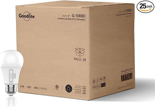 Goodlite A19 LED Bulb, 5 Color Selectable 3000K-3500K-4100K-5000K-6500K, 450 Lumens, 6W (40W Equivalent), High CRI, 5% Dimmable, UL Listed, Enclosed Fixtures & Damp Rated, 15,000 Hrs. 25ct (G-10880)